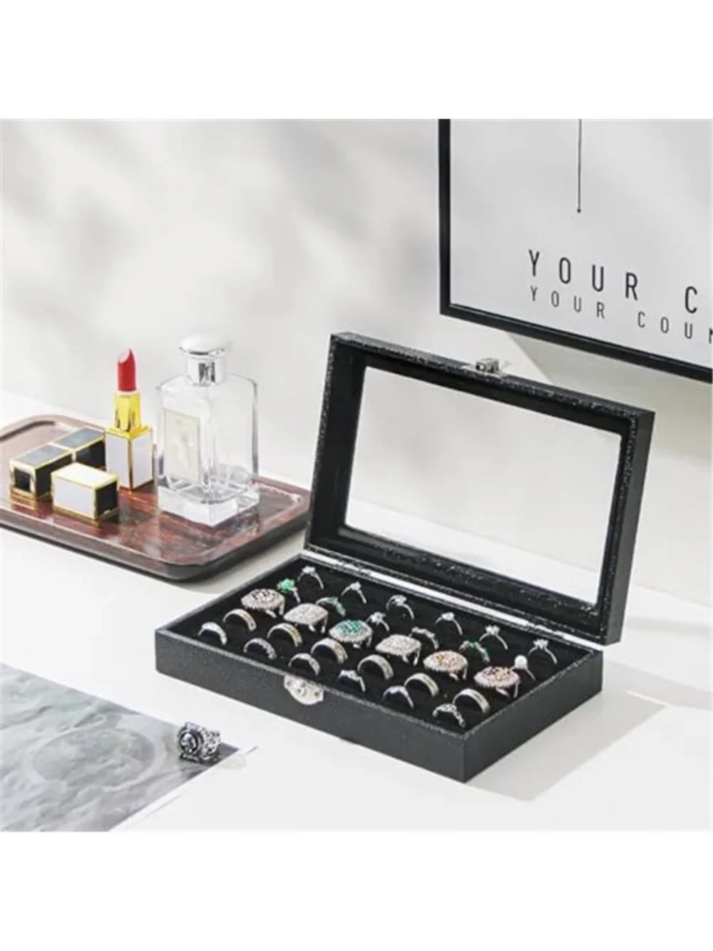 Velvet Ring Organizer Box Glass Lid Jewelry Display Tray Earring Storage Case